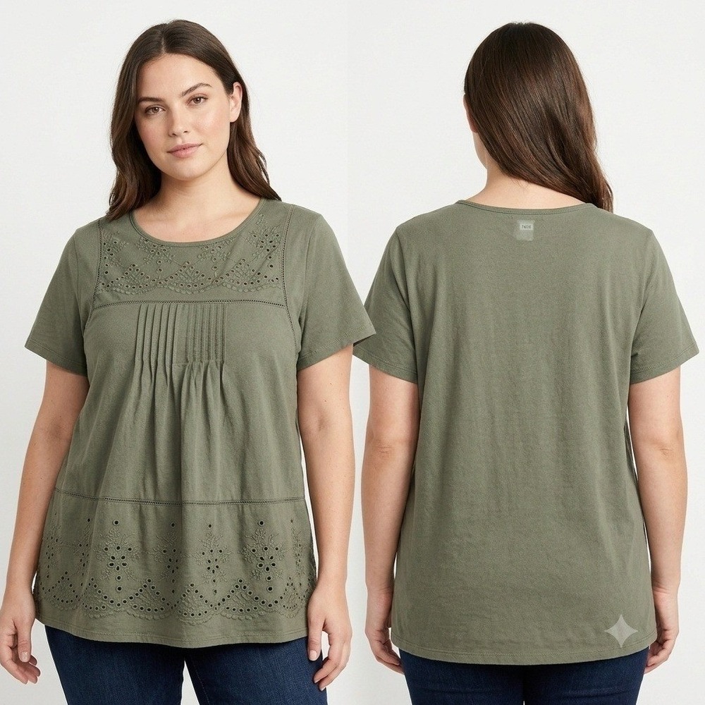 Woman Within Shirt Womens 1X Olive Green Eyelet Embroidered Pintuck Cotton Top